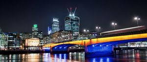 Preview wallpaper buildings, bridge, river, backlight, night, city