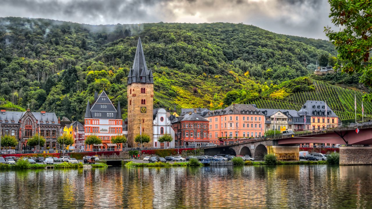 Wallpaper buildings, bridge, river, mountains, clouds, city