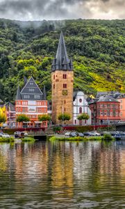 Preview wallpaper buildings, bridge, river, mountains, clouds, city