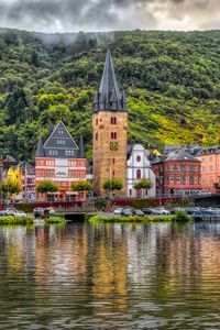 Preview wallpaper buildings, bridge, river, mountains, clouds, city