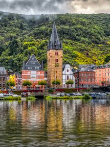 Preview wallpaper buildings, bridge, river, mountains, clouds, city