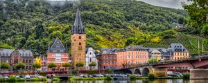 Preview wallpaper buildings, bridge, river, mountains, clouds, city