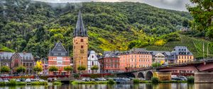 Preview wallpaper buildings, bridge, river, mountains, clouds, city