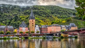 Preview wallpaper buildings, bridge, river, mountains, clouds, city