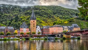 Preview wallpaper buildings, bridge, river, mountains, clouds, city