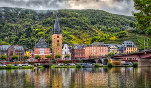 Preview wallpaper buildings, bridge, river, mountains, clouds, city