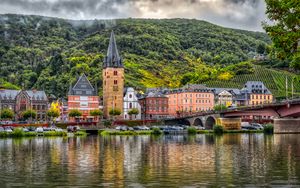 Preview wallpaper buildings, bridge, river, mountains, clouds, city