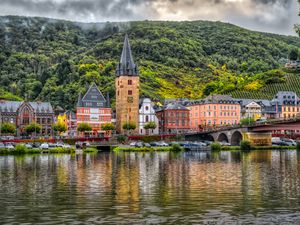Preview wallpaper buildings, bridge, river, mountains, clouds, city