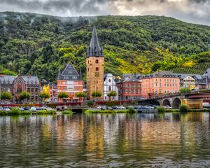 Preview wallpaper buildings, bridge, river, mountains, clouds, city