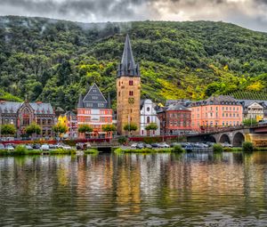 Preview wallpaper buildings, bridge, river, mountains, clouds, city
