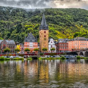Preview wallpaper buildings, bridge, river, mountains, clouds, city