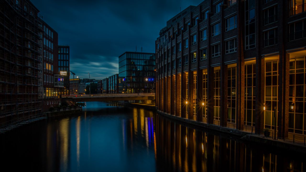 Wallpaper buildings, bridge, river, twilight, dark