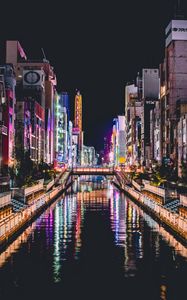 Preview wallpaper buildings, bridge, river, lights, reflection, night