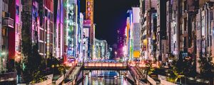 Preview wallpaper buildings, bridge, river, lights, reflection, night