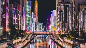 Preview wallpaper buildings, bridge, river, lights, reflection, night