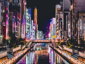 Preview wallpaper buildings, bridge, river, lights, reflection, night