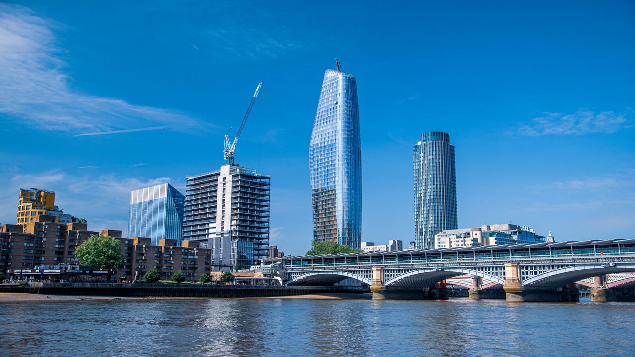 Wallpaper buildings, bridge, river, sky