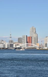 Preview wallpaper buildings, bridge, ship, river, city