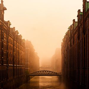 Preview wallpaper buildings, bridges, fog, water