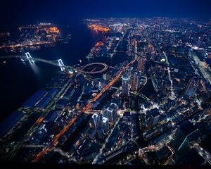 Preview wallpaper buildings, bridges, lights, channel, night, city, aerial view