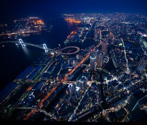 Preview wallpaper buildings, bridges, lights, channel, night, city, aerial view