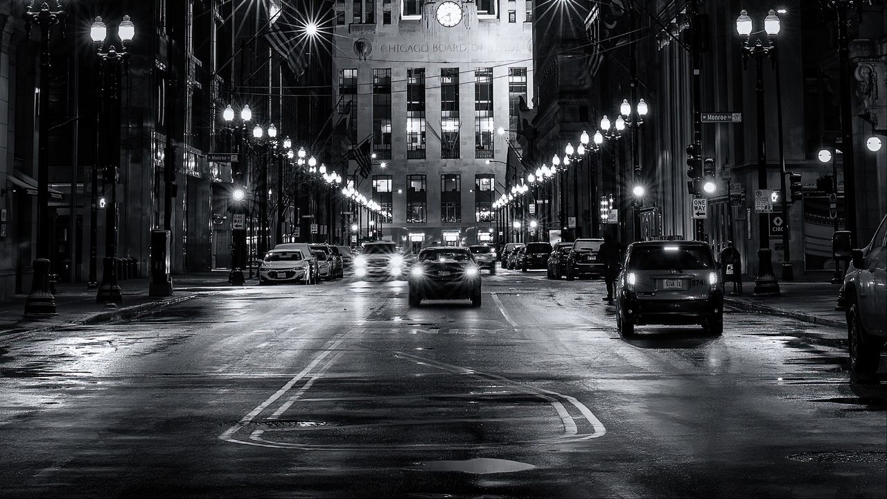 Wallpaper buildings, cars, road, lights, night, black and white