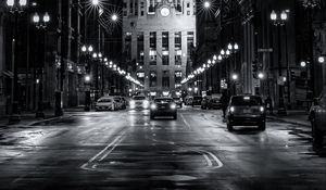 Preview wallpaper buildings, cars, road, lights, night, black and white