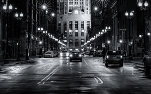 Preview wallpaper buildings, cars, road, lights, night, black and white