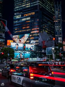 Preview wallpaper buildings, cars, street, road, lights, city, night