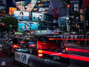 Preview wallpaper buildings, cars, street, road, lights, city, night