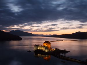 Preview wallpaper buildings, castle, island, sea, evening