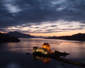 Preview wallpaper buildings, castle, island, sea, evening