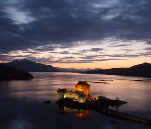 Preview wallpaper buildings, castle, island, sea, evening