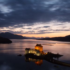 Preview wallpaper buildings, castle, island, sea, evening