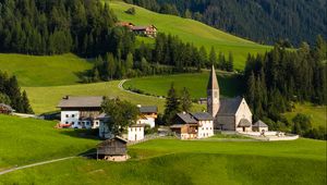 Preview wallpaper buildings, chapel, field, grass, trees