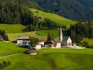 Preview wallpaper buildings, chapel, field, grass, trees