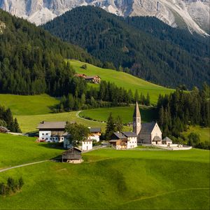 Preview wallpaper buildings, chapel, field, grass, trees