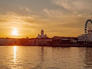 Preview wallpaper buildings, church, domes, river, sunset