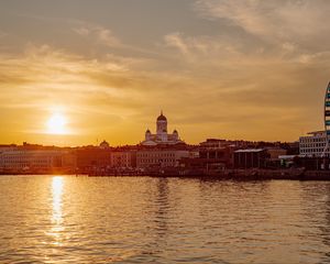 Preview wallpaper buildings, church, domes, river, sunset