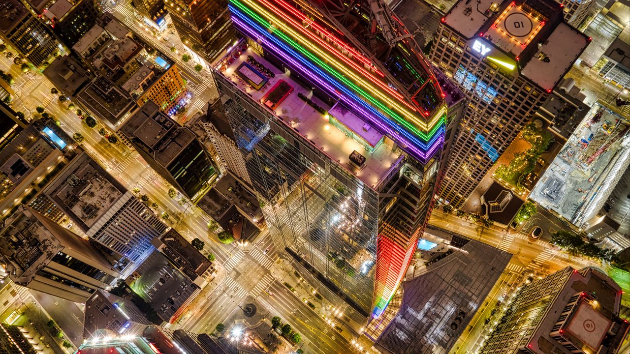 Wallpaper buildings, city, aerial view, colorful, backlight