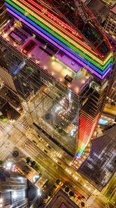 Preview wallpaper buildings, city, aerial view, colorful, backlight