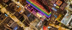 Preview wallpaper buildings, city, aerial view, colorful, backlight