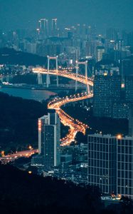 Preview wallpaper buildings, city, aerial view, road, bridge, night, fog