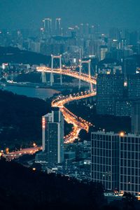 Preview wallpaper buildings, city, aerial view, road, bridge, night, fog