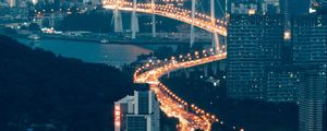 Preview wallpaper buildings, city, aerial view, road, bridge, night, fog