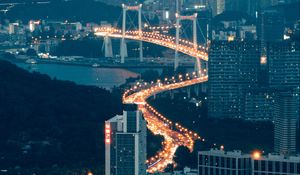 Preview wallpaper buildings, city, aerial view, road, bridge, night, fog