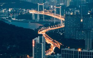 Preview wallpaper buildings, city, aerial view, road, bridge, night, fog