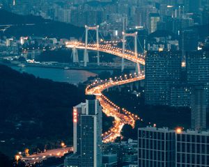 Preview wallpaper buildings, city, aerial view, road, bridge, night, fog