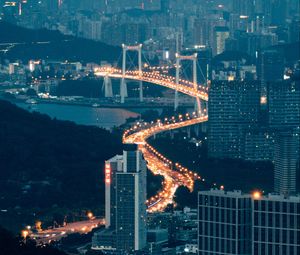 Preview wallpaper buildings, city, aerial view, road, bridge, night, fog