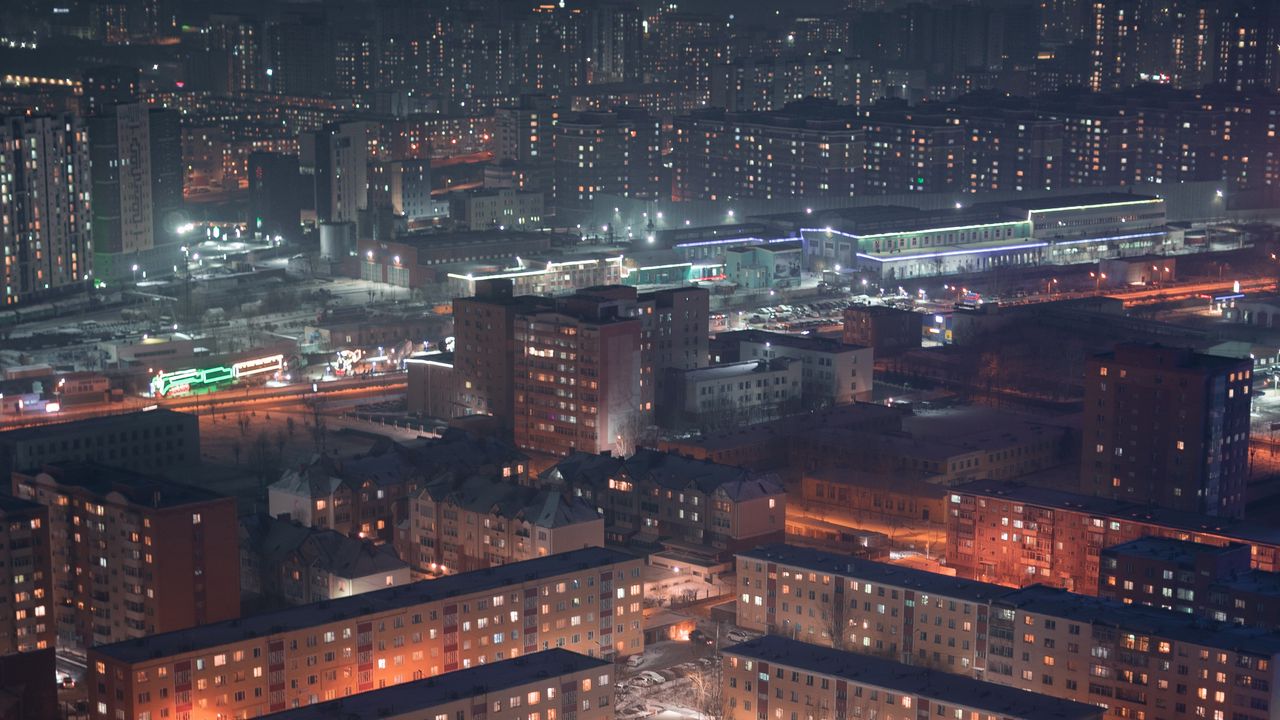 Wallpaper buildings, city, aerial view, night, snow